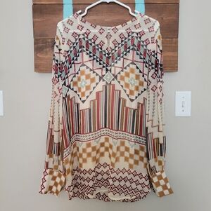 Derhy Geometric Wertern Long Sleeve Key Whole Neckline Sheer Top Size XL